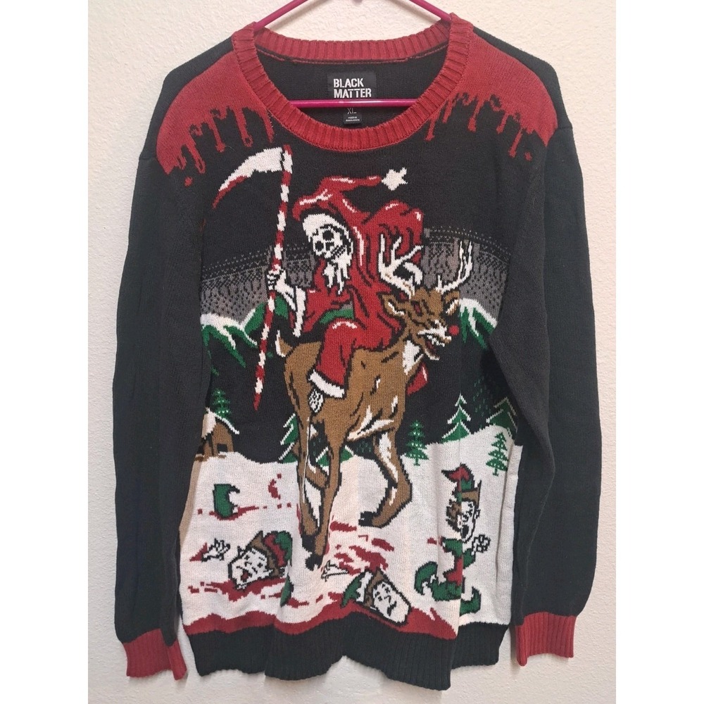 Black Matter Ugly Christmas Sweater Grim Reaper Santa Deer XL Knit